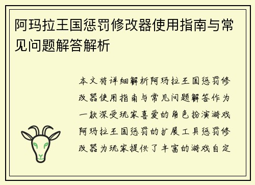 阿玛拉王国惩罚修改器使用指南与常见问题解答解析